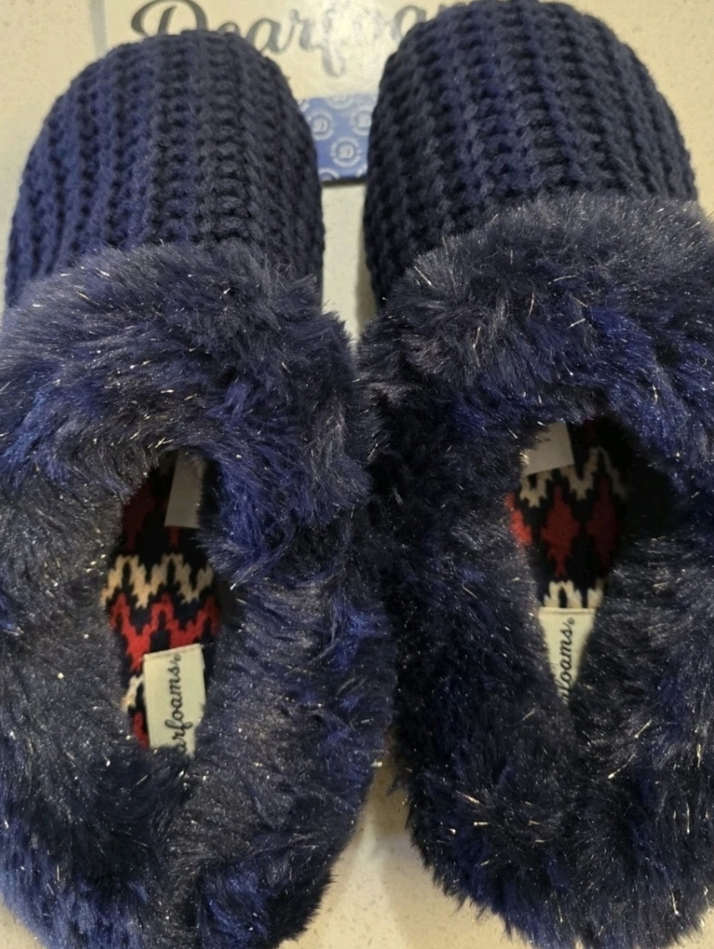 NWT Dearfoams Navy Knit Slippers Faux Fur Memory Foam Womens L 9/10